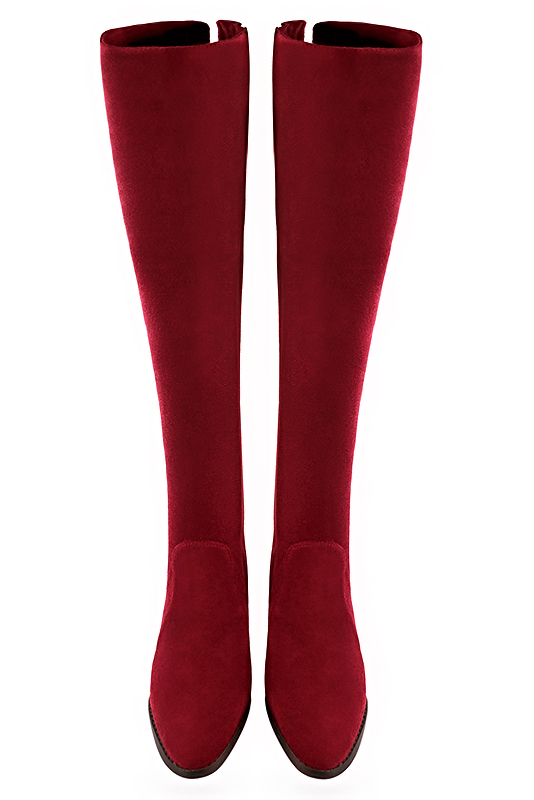 Burgundy red women's leather thigh-high boots. Round toe. Flat leather soles. Made to measure. Top view - Florence KOOIJMAN